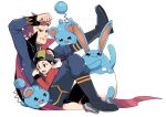  2boys azumarill backwards_hat baseball_cap black_hair black_shorts boots clenched_hand commentary_request ethan_(pokemon) hat hood hood_down jacket lance_(pokemon) leg_up long_sleeves male_focus marill multiple_boys pants parted_lips pokemon pokemon_(creature) pokemon_(game) pokemon_hgss red_jacket redhead short_hair shorts simple_background spiky_hair sweatdrop white_background xichii 