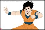  1boy black_border black_eyes black_hair border chris_re5 clenched_hand dougi dragon_ball dragon_ball_z fighting_stance flat_color male_focus muscular muscular_male open_mouth signature solo son_gohan spiky_hair twitter_username wristband 