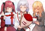  3girls :&gt; black_choker black_neckwear black_ribbon blush bouquet braid breasts cake choker closed_eyes closed_mouth detached_sleeves dress facing_viewer flower food french_braid fruit gift grey_dress grin happy_birthday happy_tears holding holding_bouquet holding_cake holding_food holding_gift hololive houshou_marine juliet_sleeves large_breasts long_hair long_sleeves mikan_(chipstar182) multiple_girls neck_ribbon off-shoulder_sweater off_shoulder pointy_ears puffy_sleeves red_dress red_flower red_rose redhead ribbon rose sailor_collar sailor_dress shiranui_flare shirogane_noel shoulder_sash smile strawberry strawberry_shortcake sweater tears twintails white_sailor_collar white_sweater 