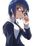  1girl ashiyu_(ashmouautz) bangs black-framed_eyewear black_dress blue_eyes blue_hair ciel_(tsukihime) closed_mouth commentary_request cross cross_necklace dress eyebrows_visible_through_hair fingernails glasses habit hair_between_eyes highres jewelry latin_cross long_sleeves looking_at_viewer necklace nun short_hair simple_background smile solo tsukihime tsukihime_(remake) upper_body white_background 