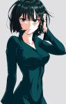  1girl bob_cut closed_mouth collared_dress covered_navel cowboy_shot dress expressionless fubuki_(one-punch_man) green_dress green_eyes green_hair grey_background hand_in_hair hand_up highres looking_at_viewer maazyu one-punch_man shiny shiny_hair short_hair simple_background solo taut_clothes taut_dress 