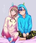  1boy 1girl asanaka_yomogi bangs barefoot blue_hair blush brown_hair closed_eyes cosplay couple gridman_universe hair_ornament hood hoodie long_hair minami_yume nyorotono on_bed pants seiza short_hair sitting sitting_on_bed smile ssss.dynazenon 