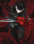  1boy amamiya_ren bangs black_hair gloves holding jacket knife long_sleeves looking_at_viewer male_focus mask ozkh pants persona persona_5 red_eyes red_gloves short_hair simple_background smile solo super_smash_bros. 