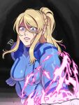  1girl angry artist_name blonde_hair blue_eyes bodysuit breasts clenched_teeth glaring glowing glowing_hand grabbing_viewer highres metroid metroid_dread mole mole_under_mouth ponytail pov samus_aran solo spoilers tabletorgy teeth zero_suit 