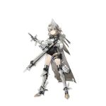  1girl arknights armor bangs black_shorts fartooth_(arknights) full_body greaves highres holding holding_weapon long_sleeves looking_at_viewer norizc official_art pouch shirt short_hair short_shorts shorts silver_hair solo standing thigh_strap thighs transparent_background weapon white_shirt yellow_eyes 