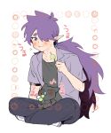  2boys black_pants blush crossed_legs dango eating eighth_note fengxi_(the_legend_of_luoxiaohei) food full_body grey_shirt hair_over_one_eye long_hair luoxiaohei multiple_boys musical_note nyanmu1 pants pointy_ears ponytail purple_hair sanshoku_dango shirt short_sleeves sitting the_legend_of_luo_xiaohei very_long_hair wagashi 