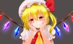  1girl bangs blonde_hair blush eyebrows_visible_through_hair flandre_scarlet gem grey_background hair_between_eyes hands_on_own_cheeks hands_on_own_face hands_up hat highres looking_at_viewer mob_cap nako_(milkyway-miffy) puffy_short_sleeves puffy_sleeves red_eyes short_sleeves simple_background smile solo touhou upper_body wings yellow_neckwear 