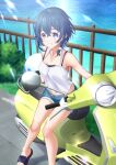  1girl bare_shoulders blue_eyes blue_hair blue_shorts blush braid breasts eyebrows_visible_through_hair grin ground_vehicle highres looking_at_viewer midriff misakino_kukuru motor_vehicle ocean outdoors parted_lips sandals scooter shiny shiny_hair shiny_skin shiroi_suna_no_aquatope short_hair short_shorts shorts small_breasts smile solo yukatadawa 