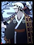  black_border black_hair border chest_tattoo chris_re5 collarbone earrings facial_hair goatee hat japanese_clothes jewelry long_sideburns one_piece profile serious sheath sideburns signature sword tattoo trafalgar_law tree twitter_username weapon white_headwear 