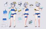  1girl absurdres amane_kanata armband bare_shoulders bikini blue_bikini blue_eyes butt_crack character_sheet choker collarbone commentary_request diving_mask diving_mask_on_head flat_chest frilled_bikini frills full_body goggles goggles_on_head grey_background grey_hair groin halo halter_top halterneck highres hololive innertube leg_garter multicolored_hair multiple_views navel one_side_up open_mouth raira_(kinounozikan) sandals short_hair simple_background single_wing star_halo streaked_hair swimsuit translation_request turnaround wings wrist_cuffs 