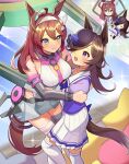  2girls ahoge animal_ears blue_eyes breasts brown_hair commentary_request hair_over_one_eye highres horse_ears horse_girl horse_tail katwo long_hair looking_at_another medium_breasts mihono_bourbon_(umamusume) multiple_girls necktie open_mouth pink_neckwear rice_shower_(umamusume) school_uniform skirt tail thigh-highs tilted_headwear tracen_school_uniform umamusume violet_eyes white_legwear white_skirt zettai_ryouiki 