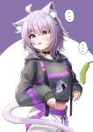  ... 1girl absurdres ahoge animal_ear_fluff animal_ears bangs black_choker black_hoodie blush cat_ears cat_girl cat_tail cat_teaser choker commentary_request cowboy_shot eyebrows_visible_through_hair eyes_visible_through_hair hair_between_eyes highres hololive hood hood_down hoodie long_sleeves looking_to_the_side medium_hair midriff nekomata_okayu pants purple_hair simple_background sleeves_past_wrists solo spoken_ellipsis tail tongue tongue_out uetaku violet_eyes virtual_youtuber white_pants 