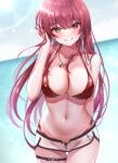  1girl bangs blush breasts earrings eyebrows_visible_through_hair heart heart_earrings heart_necklace heterochromia highres hololive houshou_marine jewelry large_breasts leg_garter long_hair looking_at_viewer namagome_negi navel ocean red_eyes redhead short_shorts shorts smile solo sun thighs virtual_youtuber white_shorts yellow_eyes 