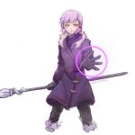  amity_blight coat earrings fighting_stance fur_collar highres lifewithsmoke looking_at_viewer pointy_ears purple_hair simple_background staff the_owl_house white_background yellow_eyes 