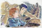  1boy 1girl aircraft arsene_lupin_iii black_hair brown_hair commentary_request dated glider green_jacket jacket kaze_no_tani_no_nausicaa lupin_iii mehve nausicaa short_hair sideburns sidelocks signature smile studio_ghibli yamashita_akihiko 