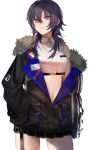  1girl arm_at_side bangs black_coat black_hair blue_hair breasts buttons closed_mouth coat collared_shirt commentary_request cowboy_shot crop_top ear_piercing fur-trimmed_coat fur_trim hand_on_hip highres hisui_ill ichinose_uruha long_sleeves looking_at_viewer lupinus_virtual_games medium_breasts multicolored_hair navel off_shoulder piercing pink_eyes pocket shirt simple_background sleeveless sleeveless_shirt sleeves_past_wrists solo streaked_hair virtual_youtuber vspo! white_background white_shirt 