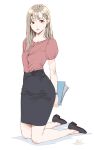  1girl black_skirt blonde_hair book brown_eyes dated earrings full_body highres holding holding_book jewelry kneeling kunami_himehiko long_hair looking_at_viewer office_lady original pencil_skirt simple_background skirt solo white_background 