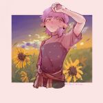  1girl amity_blight blush clouds earrings flower highres jewelry lifewithsmoke pointy_ears purple_hair scenery sky sunflower the_owl_house yellow_eyes 