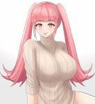  1girl absurdres alternate_costume bangs blunt_bangs breasts closed_mouth commentary desspie english_commentary eyebrows_visible_through_hair fire_emblem fire_emblem:_three_houses highres hilda_valentine_goneril large_breasts long_hair looking_at_viewer naked_sweater pink_eyes pink_hair ribbed_sweater sidelocks simple_background smile solo sweater tongue tongue_out turtleneck turtleneck_sweater twintails very_long_hair white_background white_sweater 