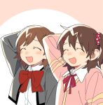  2girls ^_^ ^o^ aijou_karen arm_behind_head arm_up backlighting bangs blush blush_stickers bow bowtie brown_hair cardigan circle closed_eyes collared_shirt cropped_jacket crossover d.y.x. dot_nose dress_shirt eyebrows_visible_through_hair facing_viewer from_side furrowed_brow grey_jacket hair_between_eyes hair_ornament hairclip idolmaster idolmaster_million_live! jacket kasuga_mirai large_bow long_sleeves lowres multiple_girls neck_ribbon nose_blush one_side_up open_clothes open_jacket open_mouth outside_border pink_background pink_cardigan pink_neckwear pink_ribbon pink_scrunchie polka_dot polka_dot_scrunchie red_bow red_neckwear ribbon school_uniform scrunchie seishou_music_academy_uniform shirt short_hair shoujo_kageki_revue_starlight smile swept_bangs two-tone_background upper_body white_background white_shirt 
