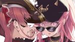  2girls bangs black_eyepatch black_headwear eyepatch hair_ribbon hat hololive hololive_english houshou_marine jewelry kubota_masaki long_hair looking_at_viewer mori_calliope multiple_girls necklace open_mouth pink_eyes pink_hair pirate_hat red_ribbon redhead ribbon simple_background sunglasses sweatdrop teeth upper_body virtual_youtuber white_background 