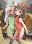  2girls artist_name bangs bare_shoulders blush border breast_press breasts brown_eyes brown_hair character_request child china_dress chinese_clothes chinese_commentary cleavage_cutout clothing_cutout commentary_request covered_navel dark-skinned_female dark_skin dress eyebrows_visible_through_hair fang feathered_wings feathers gradient_hair happy headpiece highres holding_hands keven_(ewdx3754) long_hair looking_at_viewer mesopotamia_(tower_of_saviors) multicolored_hair multiple_girls open_mouth outstretched_arm red_eyes redhead shiny shiny_hair short_dress short_sleeves side_slit sidelocks signature sleeveless sleeveless_dress small_breasts smile standing symmetrical_docking symmetry tower_of_saviors two-tone_hair white_hair wings yellow_border yellow_wings younger 