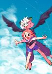  1boy 1girl animal_ears black_eyes black_wings blue_sky bright_pupils cat_boy cat_ears clouds cloudy_sky flip-flops flying full_body green_eyes highres luoxiaobai luoxiaohei murimajimuri open_mouth pants pink_hair sandals shoes short_hair sky smile the_legend_of_luo_xiaohei white_hair white_pupils wings 