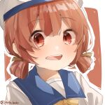  1girl bangs blue_sailor_collar blush dress eyebrows_visible_through_hair face hair_ribbon hair_rings hat highres kaiboukan_no._4_(kancolle) kantai_collection low_twintails nonko_(nnk_knkr) one-hour_drawing_challenge portrait red_eyes redhead ribbon sailor_collar sailor_dress short_hair simple_background solo twintails twitter_username two-tone_background white_dress white_headwear yellow_ribbon 