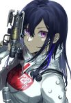  1girl apex_legends b3_wingman bangs black_hair black_nails bodysuit closed_mouth commentary cosplay gun hand_up handgun highres hisui_ill holding holding_gun holding_weapon ichinose_uruha long_hair looking_at_viewer lupinus_virtual_games multicolored_hair pistol quarantine_722_wraith simple_background solo streaked_hair upper_body violet_eyes virtual_youtuber vspo! weapon white_background white_bodysuit wraith_(apex_legends) wraith_(apex_legends)_(cosplay) 