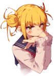  1girl bags_under_eyes bangs blonde_hair blue_sailor_collar blunt_bangs boku_no_hero_academia cardigan closed_mouth double_bun hair_up hand_up hands_on_own_chin highres looking_at_viewer messy_hair narrowed_eyes neckerchief rasusurasu red_neckwear sailor_collar school_uniform serafuku sidelocks simple_background slit_pupils solo toga_himiko uniform upper_body white_background yellow_cardigan yellow_eyes 