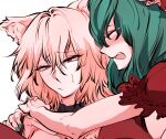  2girls :/ animal_ears bangs closed_eyes crying dress front_ponytail green_hair highres inubashiri_momiji kagiyama_hina kyanduru long_hair multiple_girls no_hat no_headwear red_dress red_eyes short_hair simple_background tired touhou white_background white_hair wolf_ears 