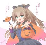  1girl alternate_costume bat_wings black_dress brown_hair cape commentary_request dress frilled_dress frills green_eyes highres icesherbet jack-o&#039;-lantern kantai_collection kumano_(kancolle) long_hair looking_at_viewer off-shoulder_dress off_shoulder one-hour_drawing_challenge orange_cape ponytail solo translation_request wand wings 