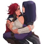  2girls arcane:_league_of_legends arm_tattoo blue_eyes blue_hair caitlyn_(league_of_legends) commentary english_commentary eyebrows_visible_through_hair finger_to_another&#039;s_mouth highres hug league_of_legends lesbeanlatte lipstick_mark medium_hair multiple_girls parted_lips redhead short_hair simple_background sitting sitting_on_lap sitting_on_person tattoo teeth vi_(league_of_legends) white_background yuri 