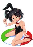  1girl animal_ears black_hair black_leotard bow bowtie detached_collar dress fake_animal_ears green_eyes high_heels highres kantai_collection leotard nassukun playboy_bunny rabbit_ears red_footwear red_neckwear sailor_dress scirocco_(kancolle) short_hair solo strapless strapless_leotard two_side_up 