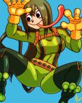  1girl aaronhibiki against_glass asui_tsuyu belt black_eyes blush_stickers bodysuit boku_no_hero_academia breasts climbing glass gloves green_bodysuit green_hair large_breasts long_hair long_tongue low-tied_long_hair skin_tight smile solo tongue tongue_out yellow_gloves 
