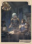  2boys armor aymeric_de_borel bangs black_hair blue_hair book book_stack chandelier elezen elf final_fantasy final_fantasy_xiv framed_image full_armor haurchefant_greystone indoors knight looking_at_another male_focus multiple_boys pointy_ears scroll short_hair shoulder_armor sitting standing zxin 