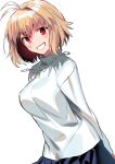  1girl antenna_hair arcueid_brunestud arms_behind_back blonde_hair blue_skirt breasts cowboy_shot hair_intakes highres jewelry large_breasts looking_at_viewer necklace noko_morokoshi red_eyes short_hair skirt smile solo sweater tsukihime turtleneck turtleneck_sweater white_background white_sweater 