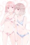  2girls arm_grab bangs blue_bra blue_panties bra breasts brown_eyes brown_hair collarbone commentary_request cowboy_shot eyebrows_visible_through_hair floral_print highres multiple_girls navel original panties pink_eyes pink_hair shichouson short_hair small_breasts smile standing tongue tongue_out underwear underwear_only white_bra white_panties yuri 