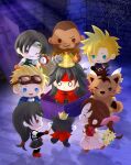  aerith_gainsborough barret_wallace bouquet cait_sith_(ff7) chibi cid_highwind clock cloud_strife coffin crown final_fantasy final_fantasy_vii goggles long_hair red_eyes red_xiii silk spider_web tifa_lockhart tomoberry vincent_valentine yuffie_kisaragi 