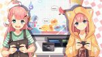  2girls ahoge animal_ears animal_hood black_overalls blue_eyes blush_stickers braid cat_ears controller fake_animal_ears fang game_console game_controller green_shirt hair_ornament hairclip highres hood hoodie kuri_(animejpholic) long_hair multiple_girls nintendo_switch open_mouth original overalls pink_hair playing_games shirt short_sleeves siblings sisters striped striped_shirt television upper_body yellow_hoodie yellow_shirt 