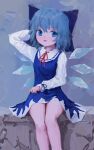  1girl :d absurdres arm_behind_head arm_up bangs blue_background blue_dress blue_eyes blue_hair cirno dress feet_out_of_frame hair_between_eyes highres legs_together long_sleeves looking_at_viewer neck_ribbon open_mouth red_neckwear red_ribbon reddizen ribbon shirt short_dress short_hair sitting smile solo touhou white_shirt wings 