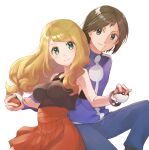  1boy 1girl bangs blonde_hair blush bracelet breasts brown_hair brown_shirt calem_(pokemon) closed_mouth collared_shirt commentary_request eyelashes floating_hair green_eyes high-waist_skirt highres holding holding_poke_ball jacket jewelry kamonohashi_(19881001) long_hair looking_at_viewer pants pleated_skirt poke_ball poke_ball_(basic) pokemon pokemon_(game) pokemon_xy serena_(pokemon) shiny shiny_hair shirt simple_background skirt sleeveless sleeveless_shirt smile sparkle textless white_background 