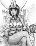  1girl aaronhibiki bangs blunt_bangs breasts crossed_legs curvy egyptian_clothes highres huge_breasts large_breasts looking_at_viewer menace menace_(queen&#039;s_blade_unlimited) monochrome navel queen&#039;s_blade revealing_clothes setra shawl sitting solo thick_thighs thighs under_boob 