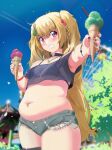  1girl absurdres belly blonde_hair breasts choker dual_wielding food hair_ornament heart heart_necklace highres holding ice_cream jewelry l30n10 navel necklace original outdoors plump see-through_shirt short_shorts shorts small_breasts solo teeth violet_eyes 