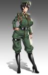 1girl absurdres anima_(togashi) blue_eyes boots breasts commission gradient gradient_background hat high_heels highres large_breasts latex latex_boots mature_female medal military military_hat military_uniform necktie original shadow short_hair simple_background solo standing uniform 