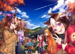  6+girls :d :o animal_ears aqua_bow arm_behind_head arm_up autumn autumn_leaves bag bangs black_jacket blue_eyes blue_sky blunt_bangs blush bow braid brown_eyes brown_hair brown_headwear brown_jacket brown_legwear candy casual cellphone closed_eyes clouds commentary_request condensation_trail daiwa_scarlet_(umamusume) day denim ear_covers eyebrows_visible_through_hair fang food gold_ship_(umamusume) green_eyes green_shirt ground_vehicle hair_bow hair_ornament hair_ribbon haruhitooo hat highres holding holding_bag hood hooded_jacket hoodie horse_ears horse_girl horse_tail jacket jeans leg_up lollipop long_hair long_sleeves looking_at_another looking_at_viewer looking_back luggage mejiro_mcqueen_(umamusume) motor_vehicle mountain multicolored_hair multiple_girls open_clothes open_jacket open_mouth orange_hair outdoors painttool_sai_(medium) pants pantyhose phone pink_bow pleated_skirt ponytail purple_hair purple_ribbon red_eyes red_jacket ribbon school_bag shirt short_hair silence_suzuka_(umamusume) silver_hair skin_fang skirt sky smartphone smile special_week_(umamusume) streaked_hair sweater tail teeth tokai_teio_(umamusume) twintails two-tone_hair umamusume upper_teeth v van violet_eyes vodka_(umamusume) white_hair 