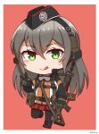  1girl :q absurdres assault_rifle bangs black_footwear black_gloves black_headwear black_legwear blush_stickers boots brown_background chibi closed_mouth commentary_request cross-laced_footwear ear_protection eyebrows_visible_through_hair full_body garrison_cap girls_frontline gloves goggles goggles_around_neck green_eyes grey_hair gun hair_between_eyes hand_up hat highres holding holding_gun holding_weapon jacket lace-up_boots long_hair long_sleeves looking_at_viewer ndtwofives object_namesake pantyhose pleated_skirt red_skirt rifle sig_500_(girls&#039;_frontline)_(ndtwofives) sig_550 simple_background skirt smile solo standing tongue tongue_out v very_long_hair weapon 