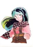  1980s_(style) absurdres blush cropped_legs green_hair hands_in_pockets highres horns long_hair long_sleeves lum official_art oni oni_horns painting_(medium) pink_sweater plaid plaid_scarf retro_artstyle scarf simple_background sweater takahashi_rumiko traditional_media urusei_yatsura watercolor_(medium) white_background yellow_eyes 