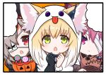 3girls animal_ear_fluff animal_ears arknights bandage_over_one_eye bangs black_border black_gloves blank_speech_bubble blush border chestnut_mouth closed_mouth commentary_request ears_through_headwear eyebrows_visible_through_hair eyepatch fox_ears ghost_costume gloves green_eyes grey_hair hair_between_eyes hair_over_one_eye halloween halloween_bucket hands_up hood hood_up kitara_koichi looking_at_viewer multicolored_hair multiple_girls open_mouth popukar_(arknights) red_eyes redhead shamare_(arknights) single_glove speech_bubble stuffed_animal stuffed_dog stuffed_toy suzuran_(arknights) two-tone_hair unfinished upper_body violet_eyes white_hair