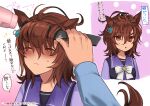  1girl 1other agnes_tachyon_(umamusume) ahoge animal_ears bangs blush brown_hair brushing_another&#039;s_hair closed_eyes closed_mouth earrings hair_brush hair_dryer horse_ears jewelry medium_hair messy_hair multiple_views nazuka_(mikkamisaki) out_of_frame purple_shirt red_eyes sailor_collar school_uniform shirt single_earring speech_bubble sweatdrop tracen_school_uniform translation_request umamusume 